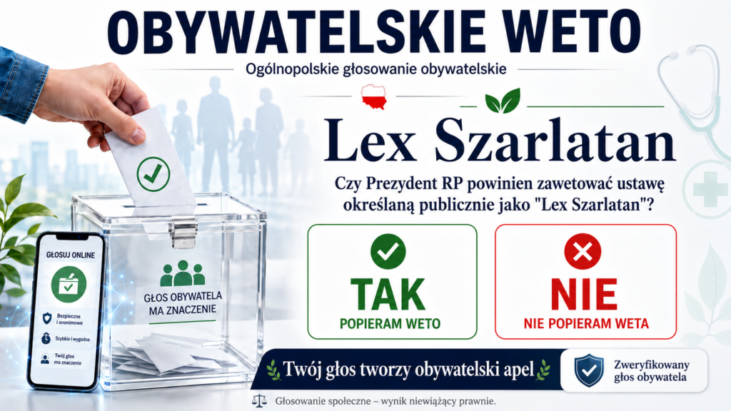 Grafika przedstawia ogólnopolskie głosowanie obywatelskie dotyczące ustawy określanej publicznie jako „Lex Szarlatan”. Widoczna jest urna wyborcza, głosowanie online oraz symbole obywatelskiego udziału.